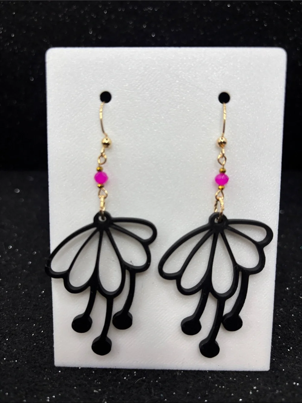 Black Floral Bloom Dangle Earrings with Pink Crystal Beads
